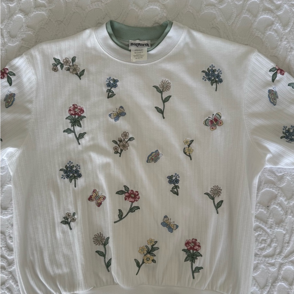 Vintage Bon Worth Floral Embroidered White Shirt Size XS Petite